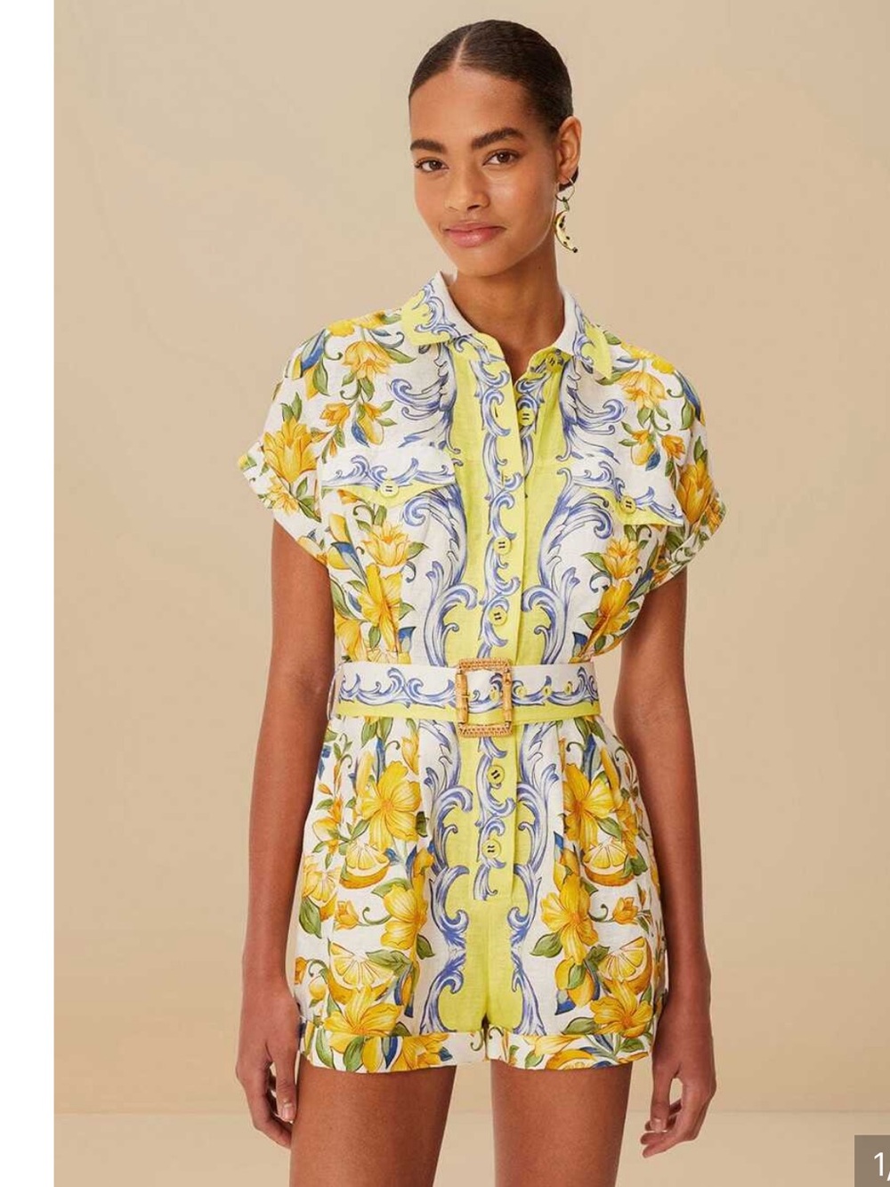 FARM Rio Off-White Sicily Scarf Print Romper with Yellow & Blue Floral Motif